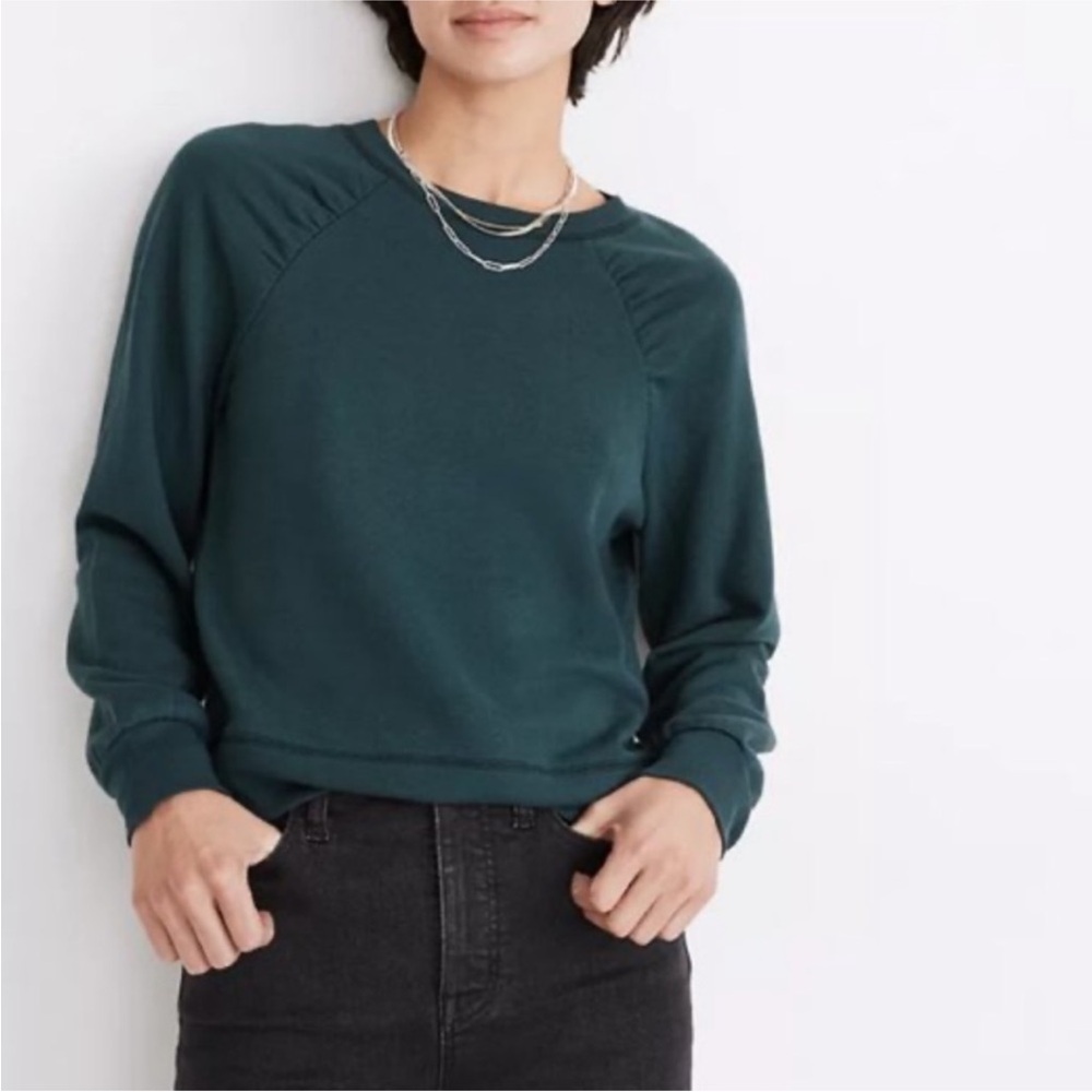 Madewell Gathered Puff-Sleeve Sweatshirt Green Top Women’s Sz Small